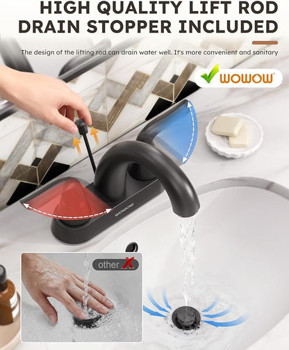 WOWOW Black Bathroom Faucet 2 Handle Bathroom Sink Faucet 4 inch Centerset Bathroom Faucets 3 Holes Lavatory Faucet with Lift Rod Drain Stopper Vanity Faucet Lead-Free Basin Mixer Tap Matte Black
