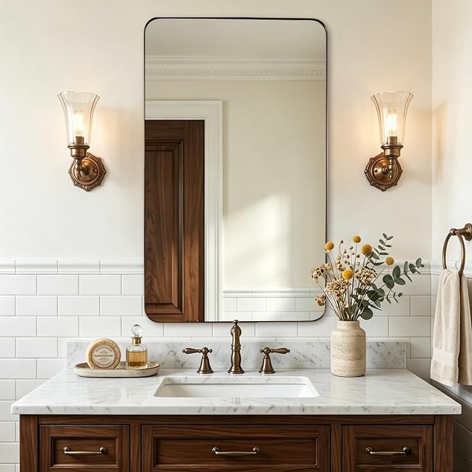 Bronze Bathroom Mirror for Wall, 24X40” Bronze Wall Mirror for Vanity, Rounded Rectangle Mirror, Oil Rubbed Bronze Metal Modern Stainless Steel Frame, Hang Vertically or Horizontally