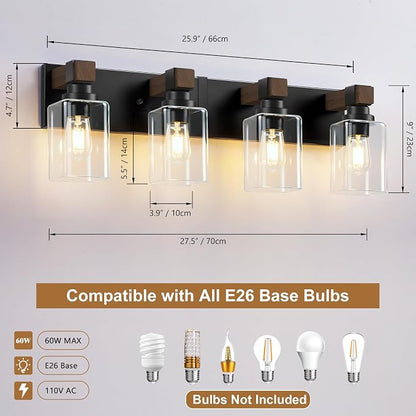 Farmhouse Black 4-Light Bathroom Vanity Light, Square Glass Shade | Vintage Rustic Design, Wood Grain Finish, Matte Black Metal, Wall Mount Over Mirror Lighting Fixtures for Bathroom Restroom