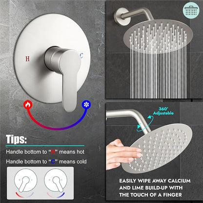 Heyalan 8-Inch Round Rain Shower Faucet Set with Valve, Brushed Nickel | SUS304 stainless steel shower head, brass rough-in valve, single-handle control, 1.8 GPM, ideal for bathroom remodels