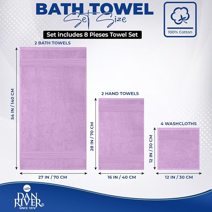 DAN RIVER 8 Piece Luxury Bath Towels for Bathroom, Towel Set, Lavendar | 2 Bath towels, 2 Hand towels, and 4 Wash Cloths, 600 GSM 100% Ring Spun Cotton, Highly Absorbent, Gym, Hotel, guest, and Spa