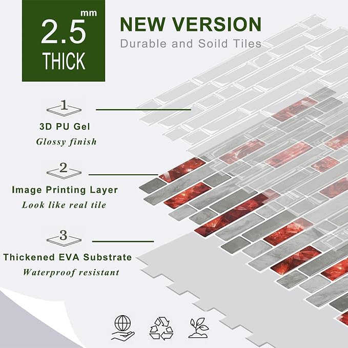 STICKGOO Thicker Peel and Stick Backsplash Tile for Kitchen and Bathroom | 10 Sheets of 12”×12” - 3D Vinyl Self Adhesive Wall Tiles Stick on Backsplash for Kitchen & Bathroom(Red)