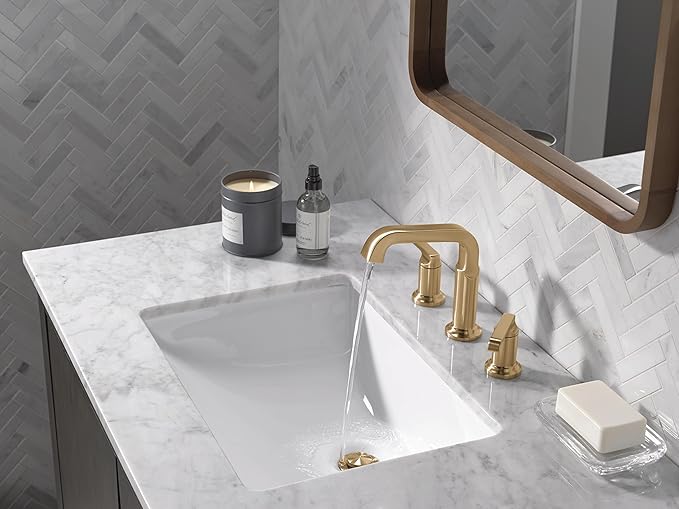 Delta Faucet Tetra Gold Widespread Bathroom Faucet 3 Hole, Gold Bathroom Faucet for Bathroom Sink, Bathroom Sink Faucet, Diamond Seal Technology, Metal Drain, Lumicoat Champagne Bronze 35589-CZ-PR-DST