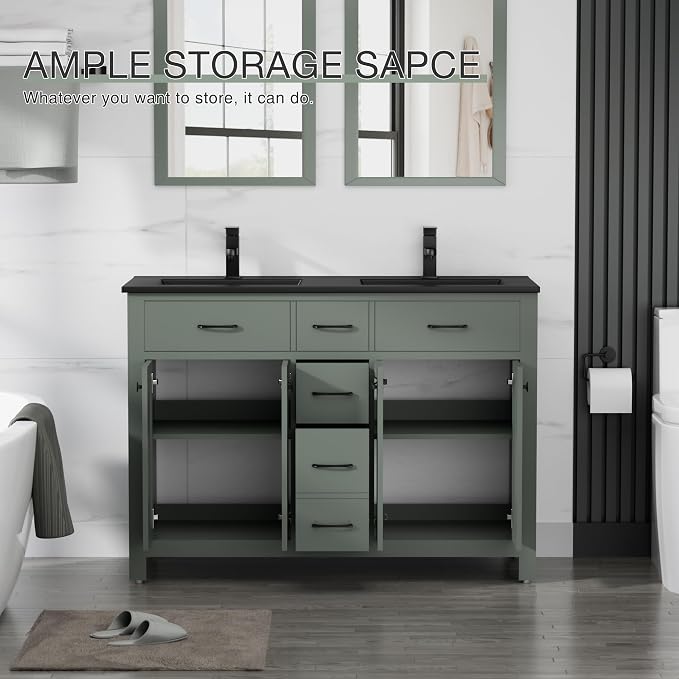 LUCKWIND 48" Modern Bathroom Vanity with Sink Combo, Contemporary Painted Storage Cabinet and Double Black Sink, Include Soft-Closing Doors & Matte Black Faucet, Green