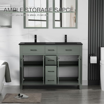 LUCKWIND 48" Modern Bathroom Vanity with Sink Combo, Contemporary Painted Storage Cabinet and Double Black Sink, Include Soft-Closing Doors & Matte Black Faucet, Green