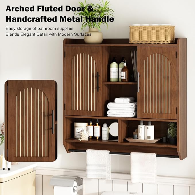 RUSTOWN Fluted Bathroom Wall Cabinet, Mid-Century Modern Medicine Cabinet with Adjustable Shelves & Towel Bar,3-Tier Wall Mounted Cabinets, Over The Toilet Storage Cabinets for Bathroom, Dark Walnut