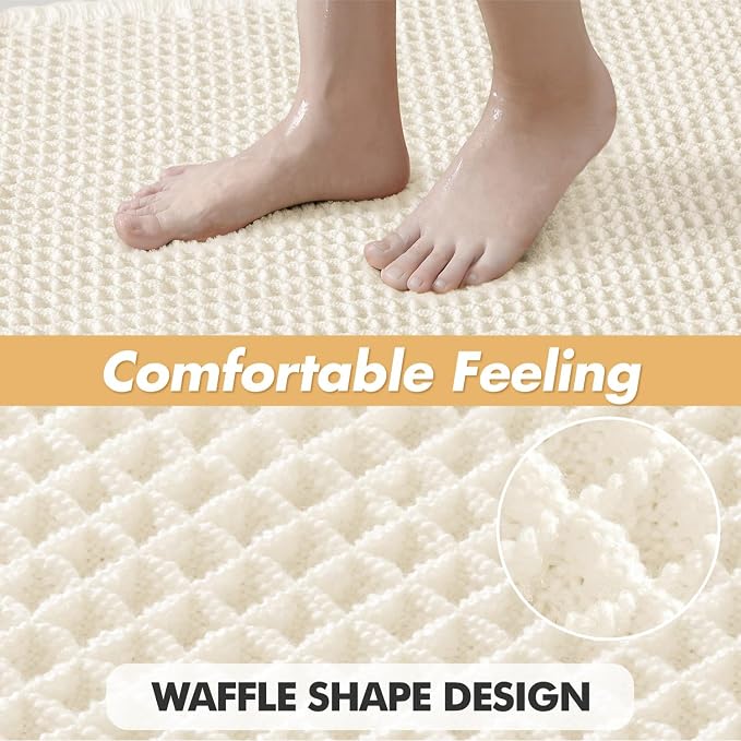 MIULEE Set of 2 Waffle Bathroom Rugs Boho Bath Mat Cream White 20x32 Inch | Non Slip, Super Absorbent, Washable, Ultra Soft, Rubber Backed Bath Rugs for Bathroom Floor Tub Shower