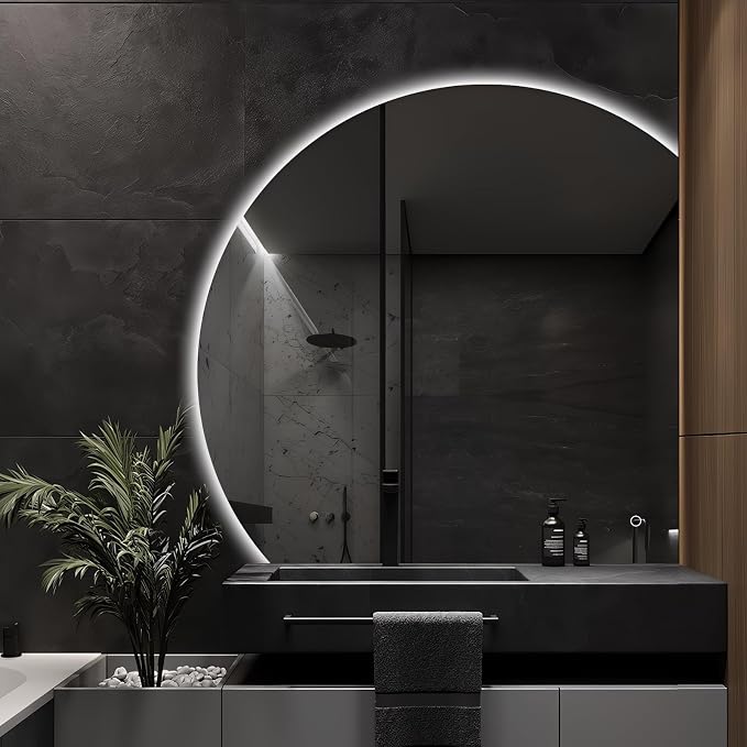 48" Half Moon LED Bathroom Mirror, Backlit Wall Mirror with Lights | Frameless Vanity Mirror with 3 Color Dimmable, Anti Fog, HD Shatter-Proof, IP65 Waterproof, Memory, CRI95+, Right/Left Cut