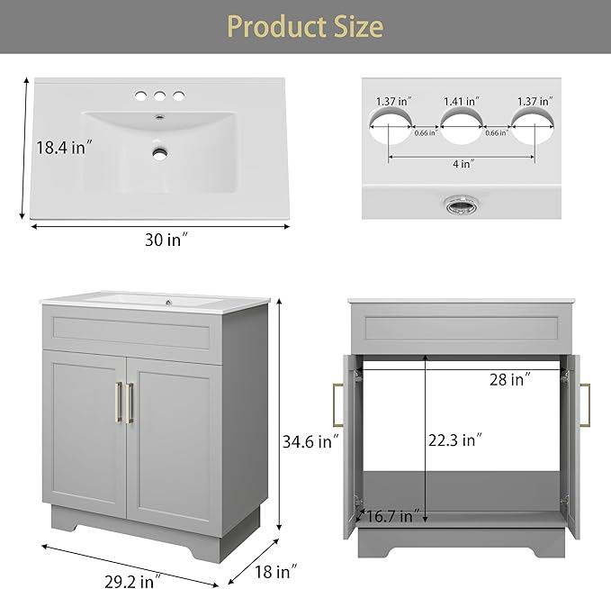OLD CAPTAIN Bathroom Vanity with Ceramic Sink, 30" Freestanding Bathroom Quick Assembly Vanity Cabinet with Storage, Grey