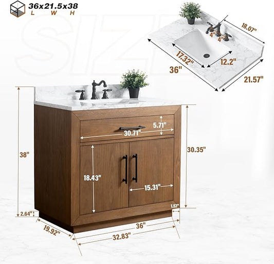 HOMEBEYOND 36" Bathroom Vanity with Single Sink & Ceramic Top, MDF Material Vanity Cabinet with Basin Combo, Soft-Closing Doors, Removable Shelf, Backsplash, Tan