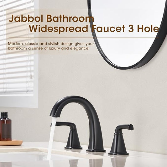Widespread Bathroom Faucet 3 Hole, Matte Black Bathroom Sink Faucet, 2 Handle Brass Bathroom Faucets for Vanity Faucet with Pop Up Drain and 2 Supply Lines
