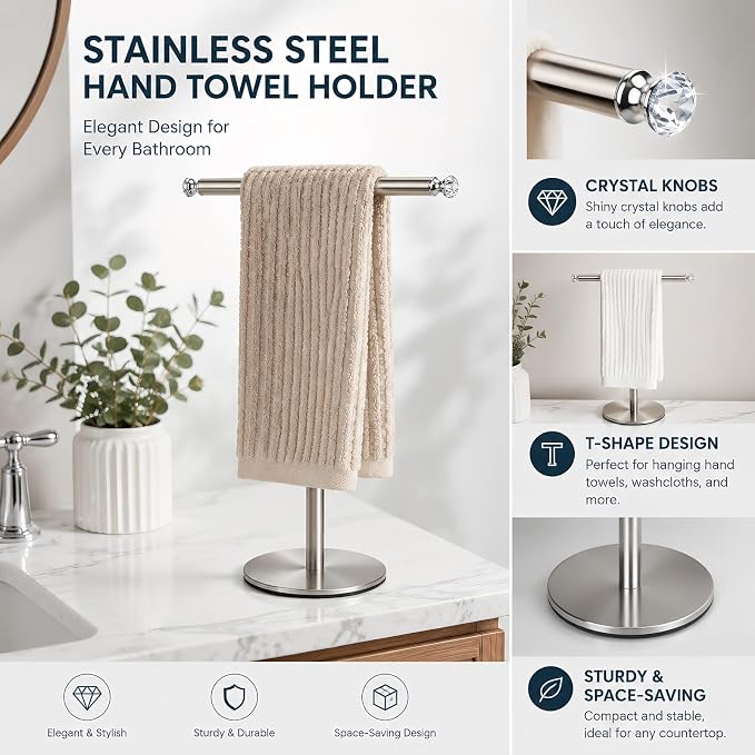 Songtec Hand Towel Holder Stand with Crystal knobs, Fingertip Towel Rack, Rust-Proof Accessories Jewelry Stand - Brushed Nickel