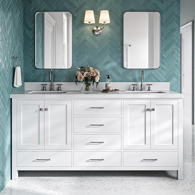 DKB Beckford 72 Inch Bathroom Vanity Double Sink — White Bathroom Vanity with Sink, 1.5" Edge Pure White Quartz Countertop & Backsplash, 4 Soft-Close Doors, 6 Dovetail Drawers
