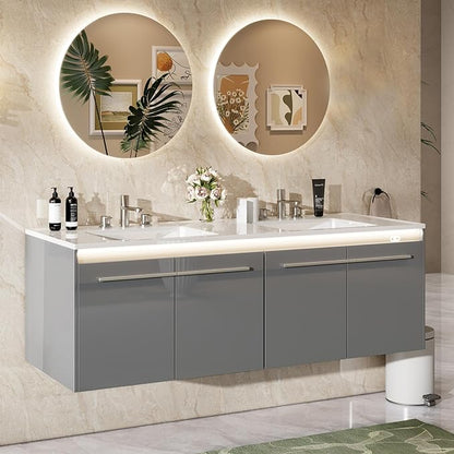 AMERLIFE 60" LED Floating Bathroom Double Vanity with Sink, Modern High Gloss Wall Mounted Bathroom Storage Cabinet with 3 Hole Sink, Metal Handles & Soft Closing Doors, Grey