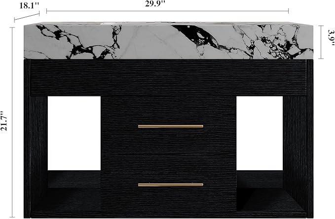 30" Bathroom Vanity with Sink Set, Modern Black Wall Mounted Bathroom Vanity Cabinet with Sintered Stone Top&Gold Handle 2 Drawers&2 Open Storage, Single Sink Floating Bathroom Vanity