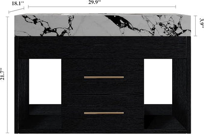 30" Modern Black Bathroom Vanity Sink Set Wall-Mounted Bathroom Vanities with Marble Sintered Stone Top&Ceramic Sink 30 inch Floating Bathroom Sink Cabinet with 2 Drawers&2 Cabinets
