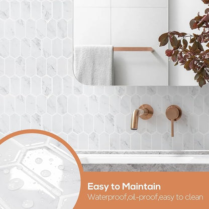 Vamos Tile Upgraded Thicker Design Backsplash Tile Peel and Stick, 10-Sheet Grey Marble Long Hexagon Self Adhesive Wall Tiles Stick On Backsplash for Kitchen Bathroom RV Fireplace