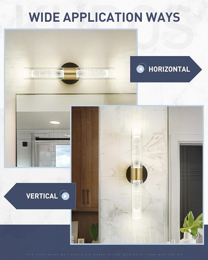 kudos Black and Gold LED Vanity Light, Crystal Bubble and Clear Glass, 3CCT | 11W, 1000 Lumens,3000K, 4500K and 6000K Selectable, Hardwired, for Bathroom, Bedroom and Over Mirror, KDVL05-BG-2