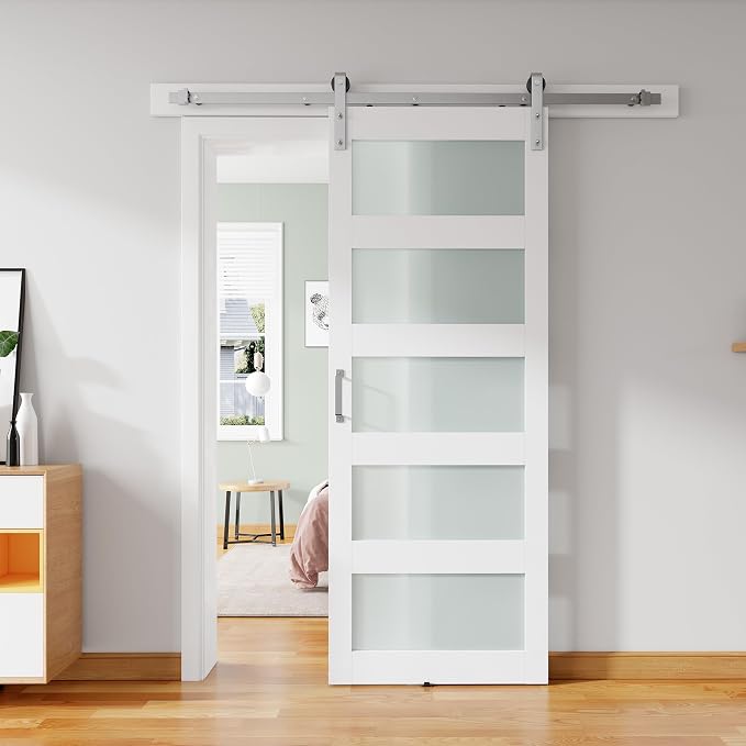 30'' x 84'' Glass Barn Door and 5FT Brushed Nickel Hardware Kit | MDF White Barn Door Slab with Frosted Glass, PVC Surface, Combined with Handle and Floor Guide-Assembly Required