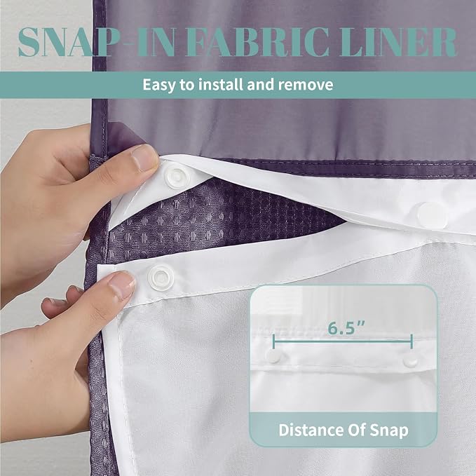eachope No Hook Waffle Shower Curtain with Snap-in Liner, 71x74 Inch,Purple | 230 GSM waffle weave fabric, waterproof liner set with 2 bottom magnets, mesh top window, washable, for bathroom or hotel use