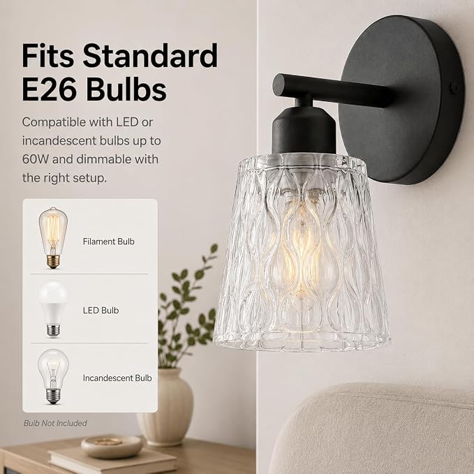 Black Bathroom Vanity Light Over Mirror, 1-Light Modern Vanity Light with Textured Glass Shade, Stainless Steel Backplate, E26 Socket (Bulb Not Included)