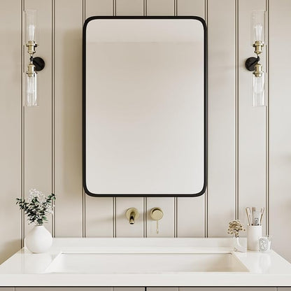 Vintage-Style Bathroom Wood Black Cabinet with 17.5''x29'' Black Metal Frame Curved Mirror, Recessed Medicine Cabinet, Bathroom Storage Cabinet