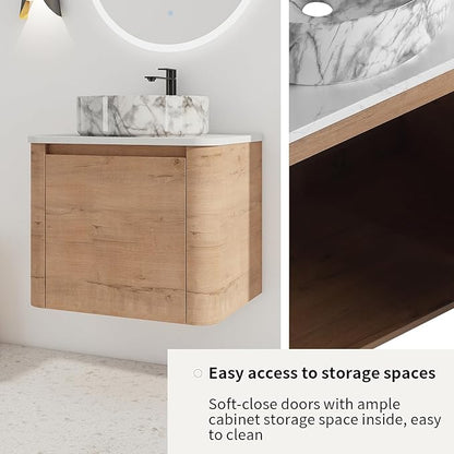 LKTART 24 Inch Floating Bathroom Vanity with Sink, Modern Wall Mounted Bathroom with Soft Close Door, Stone Round Ceramic Basin and Sintered Stone Top