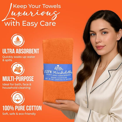 DAN RIVER 12 Pack Cotton Wash Cloths Set for Showering [12x12] Orange | Lighter Weight, Quick to Dry, Super Soft & Absorbent Face Towels, Hotel Quality, Perfect for Bathroom, Gym, Spa