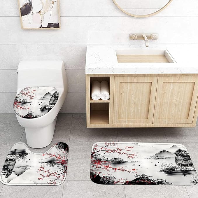 4-Piece Cherry Blossoms Shower Curtain Set Mountain Bathroom Set with Shower Curtain and Rugs, Japanese Style Bath Curtain with Hooks for Home Decor
