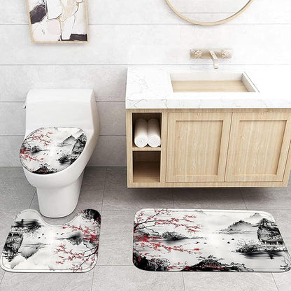4-Piece Cherry Blossoms Shower Curtain Set Mountain Bathroom Set with Shower Curtain and Rugs, Japanese Style Bath Curtain with Hooks for Home Decor