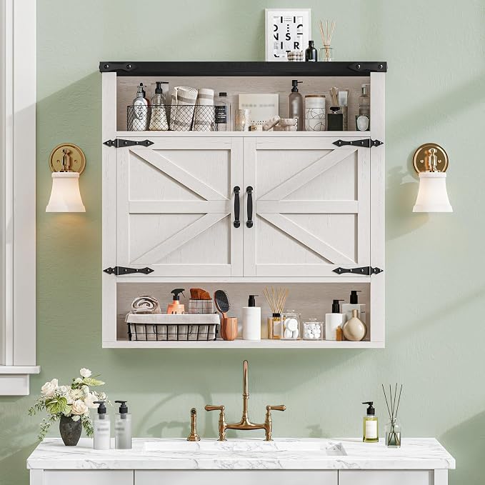 Bathroom Wall Cabinet, Farmhouse Medicine Cabinet with Adjustable Shelves and 2 Barn Doors, Wall Mounted Over the Toilet Storage Cabinet for Bathroom, Laundry Room, Kitchen, Rustic White and Black