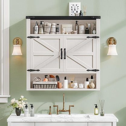 Bathroom Wall Cabinet, Farmhouse Medicine Cabinet with Adjustable Shelves and 2 Barn Doors, Wall Mounted Over the Toilet Storage Cabinet for Bathroom, Laundry Room, Kitchen, Rustic White and Black