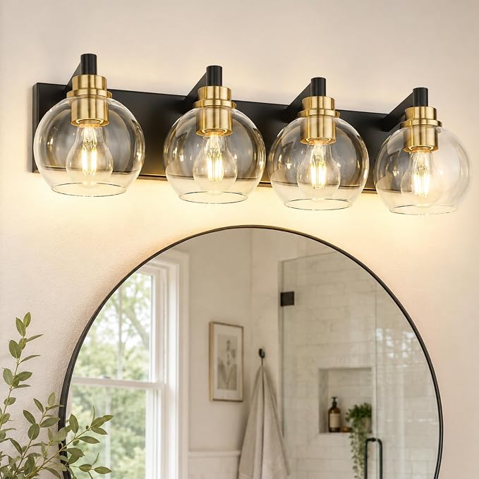 4-Light Black and Gold Bathroom Vanity Light, Clear Glass Globes | 26" modern bathroom light fixtures over mirror, E26 base, bulbs not included, VL195-KG-4