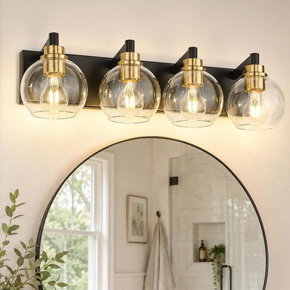 4-Light Black and Gold Bathroom Vanity Light, Clear Glass Globes | 26" modern bathroom light fixtures over mirror, E26 base, bulbs not included, VL195-KG-4