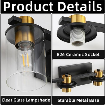 LOUSACE 5 Light Bathroom Vanity Light Black and Gold Bathroom Lighting Fixtures Over Mirror with Clear Glass, Brushed Gold Socket Wall Vanity Lighting Fixtures for Bedroom Living Room