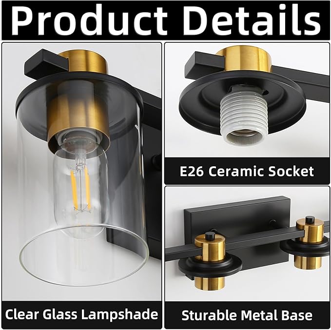 LOUSACE Bathroom Light Fixtures Black and Gold, 4 Light Bathroom Vanity Light, Modern Bathroom Light over Mirror with Clear Glass Shades, Brushed Gold Socket Wall Vanity Lighting Fixtures for Bathroom