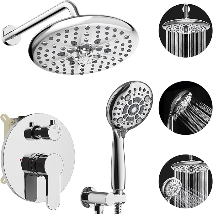 EMBATHER Shower Faucet Sets - Overhead Rain Head Shower System with High Pressure Handheld Complete Combo and Mixer Valve Trim Kit - Polished Chrome Rainfall Shower Fixture for Luxury Bathroom
