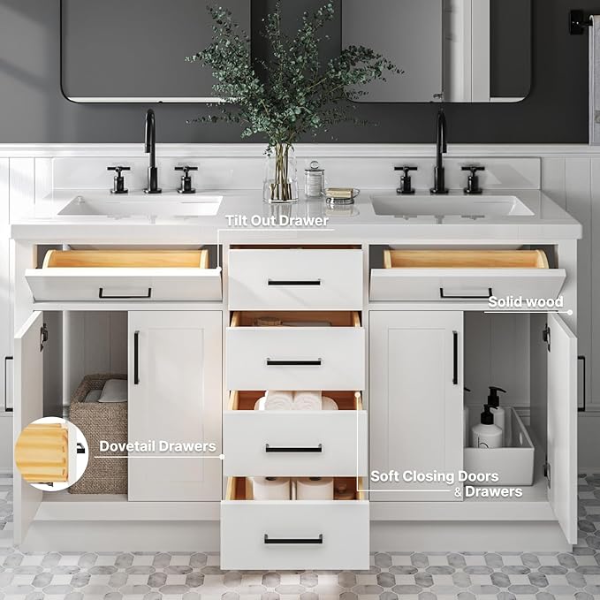 ARIEL Hepburn 60-inch Bathroom Vanity with Sink,Solid Wood, 1.5-inch Pure White Quartz Countertop & Backsplash, Double Rectangular Porcelain Sink, 4 Soft Closing Doors, 6 Dovetail Drawers, White
