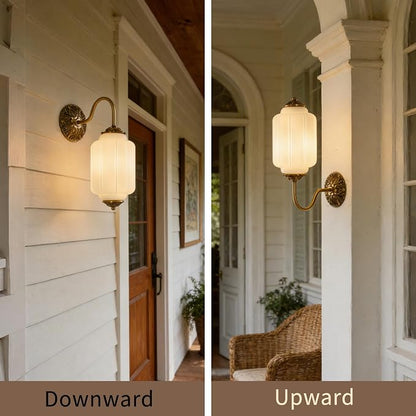 Vintage Milk Glass Wall Sconce, H15" Hardwired White Glass Sconce with Gold Carved Metal, Antique Bronze Retro Wall Lamp for Bedroom, Bathroom, Living Room, Hallway, E12 Bulb Warm Light (White 1Pack)