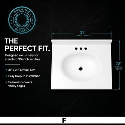 Cultured Marble Composite Bathroom Sink Top - Fits Standard 30” Vanity | Elegant and Durable Bathroom Sinks for Modern Homes - Upgrade Your Space - Perfect for Any Bathroom Design