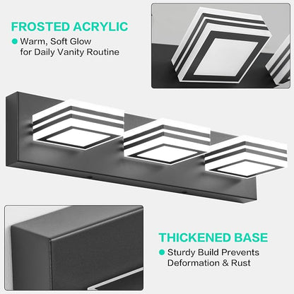 SOLFART LED Bathroom Vanity Light Fixtures： 3 Light Matte Black Modern Acrylic Bathroom Wall Lighting Fixtures Over Mirror Cool White 6000K