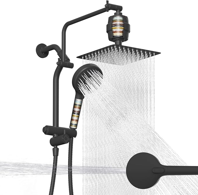 Metal 10" Filtered Rainfall Showerhead Combo, Easy Reach, Matte Black | 4-Way Diverter with Pause Mode, High Pressure Shower Head with 10-Spray Handheld, 71" Hose/12" Extension Arm/Holder