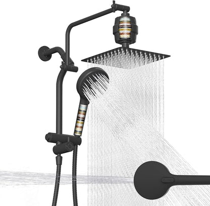 Metal 10" Filtered Rainfall Showerhead Combo, Easy Reach, Matte Black | 4-Way Diverter with Pause Mode, High Pressure Shower Head with 10-Spray Handheld, 71" Hose/12" Extension Arm/Holder