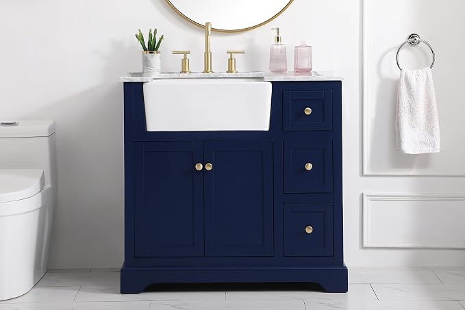 36" Pre-Assembled Bathroom Vanity with Sink, Solid Birch and MDF, Carrara White Marble Countertop Attached, Single Rectangle Porcelain Sink, 3 Soft-Close Drawers, Blue