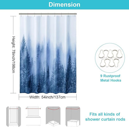 ORTIGIA 54x78 Misty Forest Stall Shower Curtain for Small Bathroom, Blue Narrow Nature Woodland Shower Curtain Set with Hooks, Waterproof Fabric Pine Tree Fog Magic Home Bath Curtain