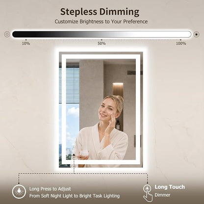 20"x30" LED Bathroom Mirror with Lights, Anti-Fog, Backlit+Frontlit | CRI 95, Stepless Dimmable, 3 Colors Lighting, Shatterproof Tempered Glass, HD Reflection, Memory, (Horizontal/Vertical)