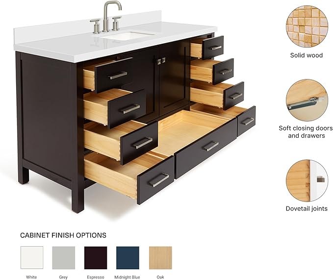 ARIEL Cambridge 60-inch Bathroom Vanity with Sink,Solid Wood, 1.5-inch Pure White Quartz Countertop, Single Rectangular Porcelain Sink, 2 Soft Closing Doors, 9 Dovetail Drawers, Espresso