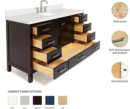 ARIEL Cambridge 60-inch Bathroom Vanity with Sink,Solid Wood, 1.5-inch Pure White Quartz Countertop, Single Rectangular Porcelain Sink, 2 Soft Closing Doors, 9 Dovetail Drawers, Espresso