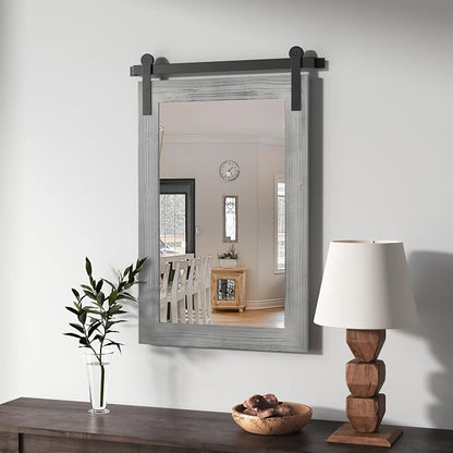 COGOOD Farmhouse Barn Door Mirror - 26 x 17 Grey | Rustic Wood Framed Vanity Mirror for Entryway, Living Room, Bedroom, Bathroom Wall Decor