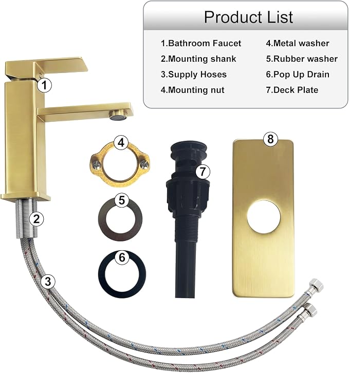 Brushed Gold Bathroom Faucet, Design with Pop-Up Drain | Single Handle Square Modern Stainless Steel, 1 or 3 Hole Installation for Farmhouse, Bathroom Sink, Vanity, Washbasin, RV